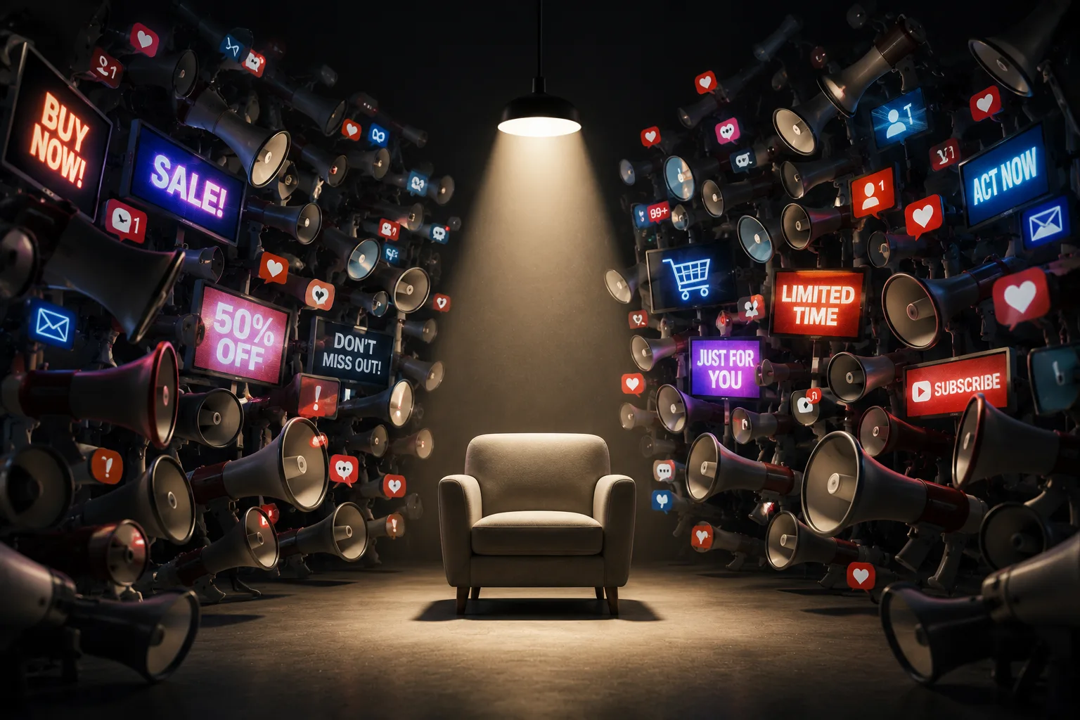 A chair surrounded by screens, megaphones, notifications, and urgency signals
