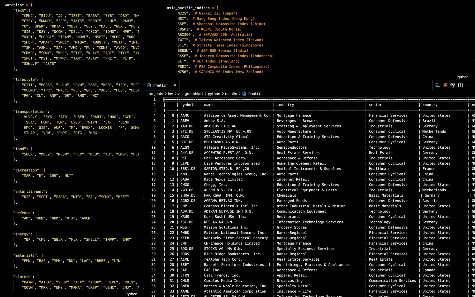 Investing watchlists built from Python screens