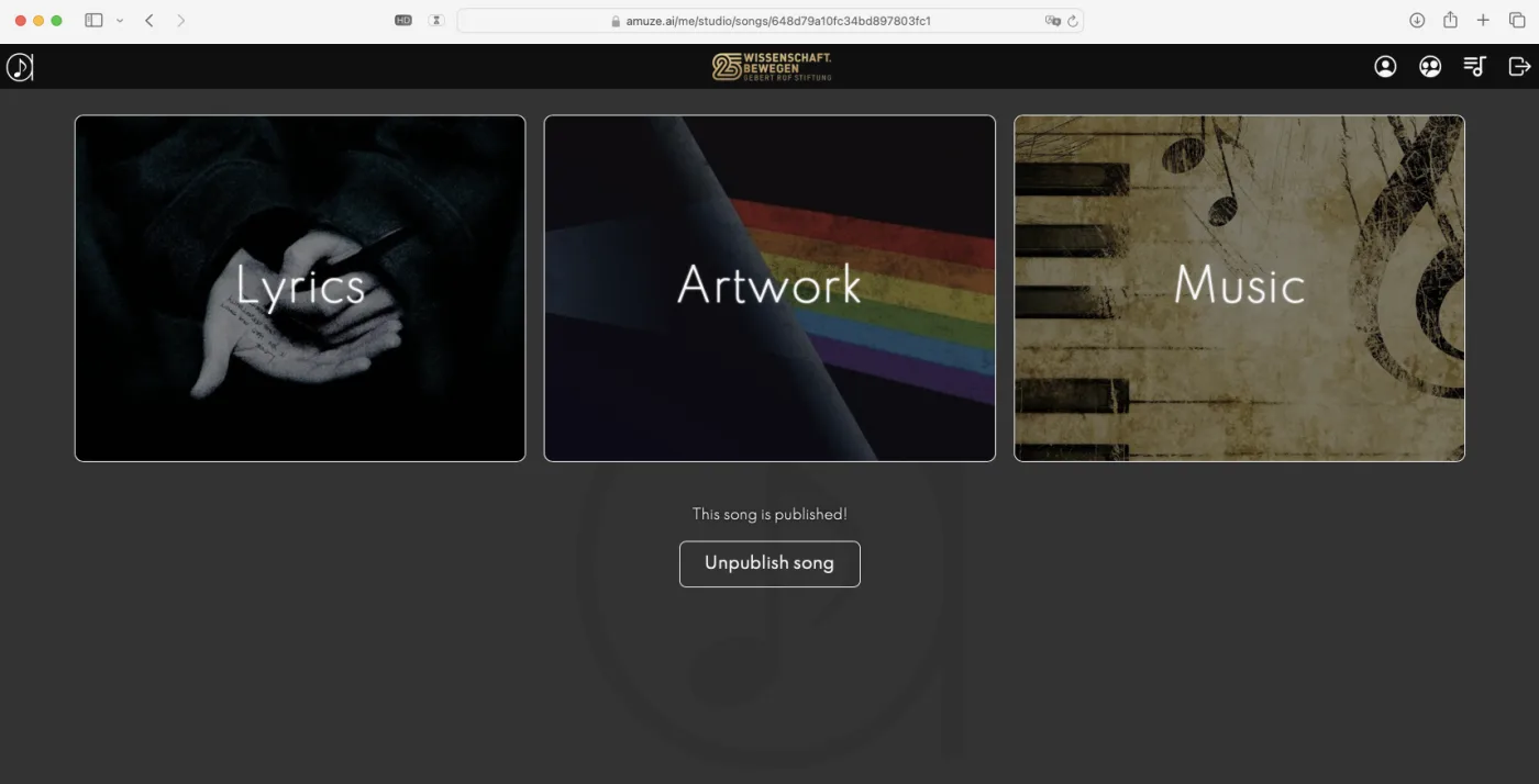 aMUZE lyrics, artwork, and music generation interface